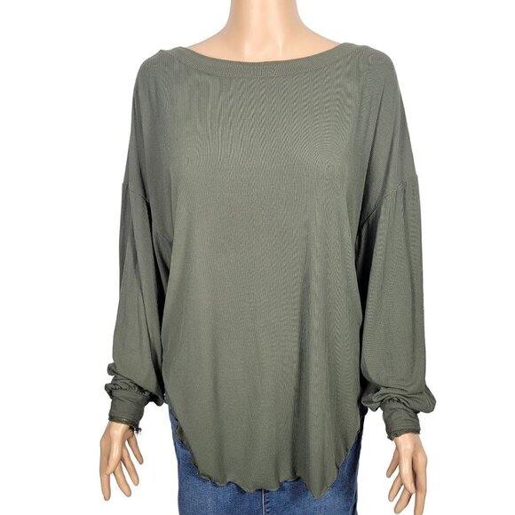 Free People Women's Shimmy Shake Dark Green Ribbed Oversized Top V Back Size XS - Picture 2 of 12